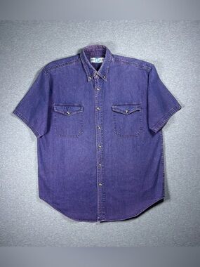 Vintage Short Sleeve Denim Button Up Shirt Purple Mens Large World Island 90s